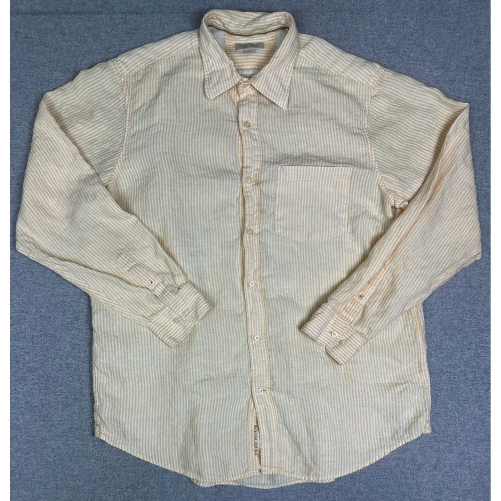 Banana Republic 100% Linen Button Down Shirt Mens XL Yellow Striped Long Sleeve